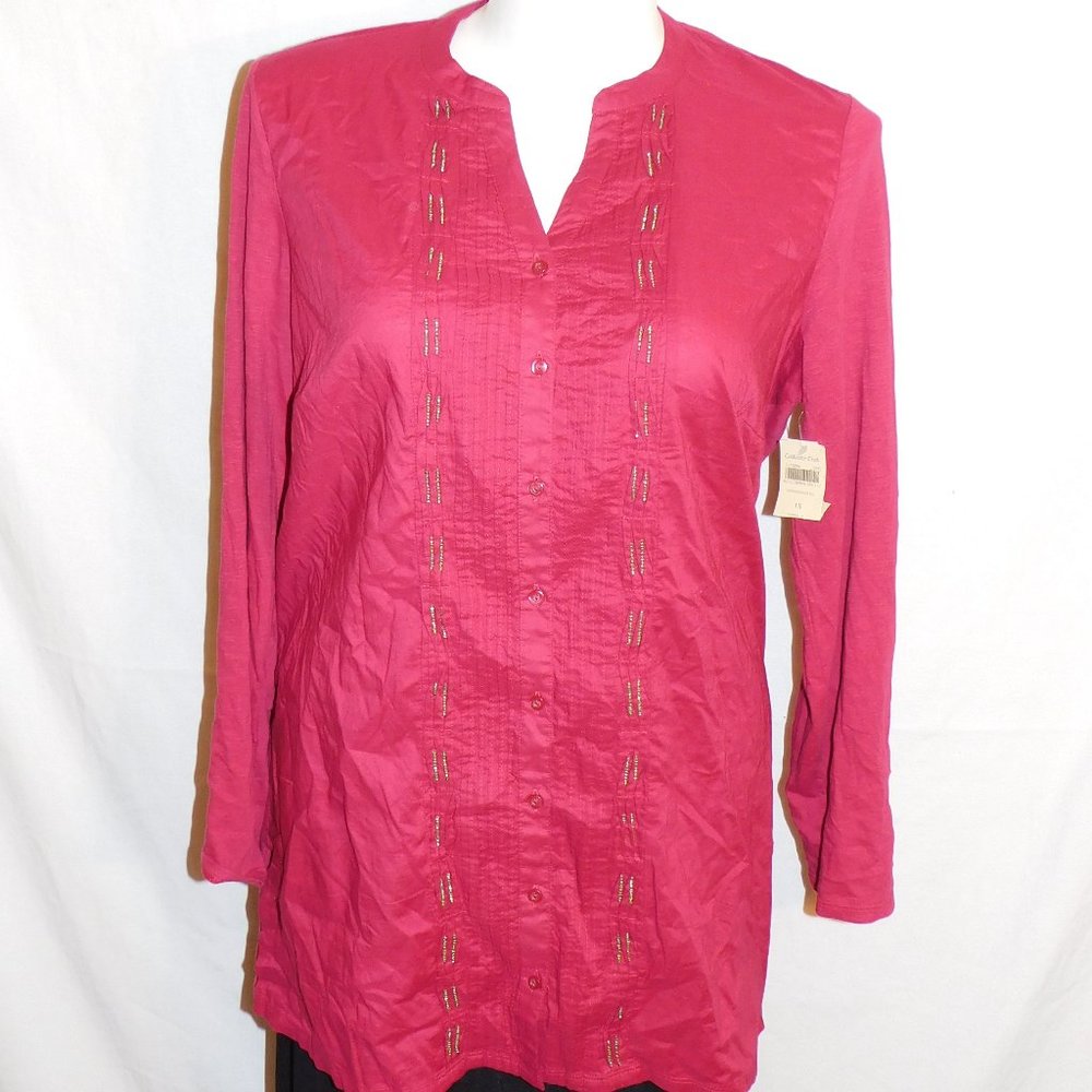 1X Coldwater Creek Dark Red Beaded Pintuck Top NWT